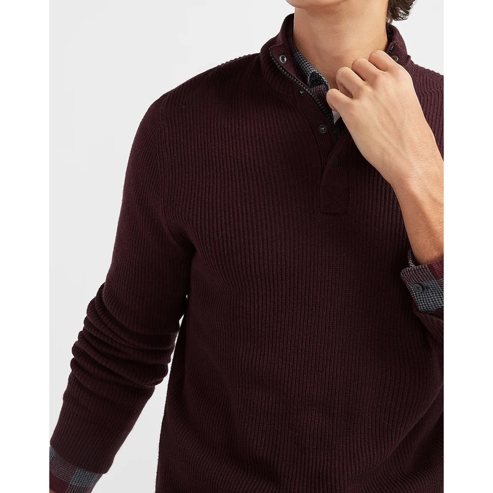 Express Solid Mock Neck Snap Zip Merlot Sweater - image 2